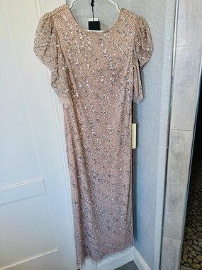 Adrianna Papell Almond-Beige Beaded Ankle Dress